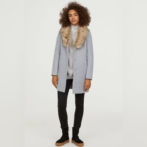 H&M Coat With Faux Fur Collar Grey Sz 2